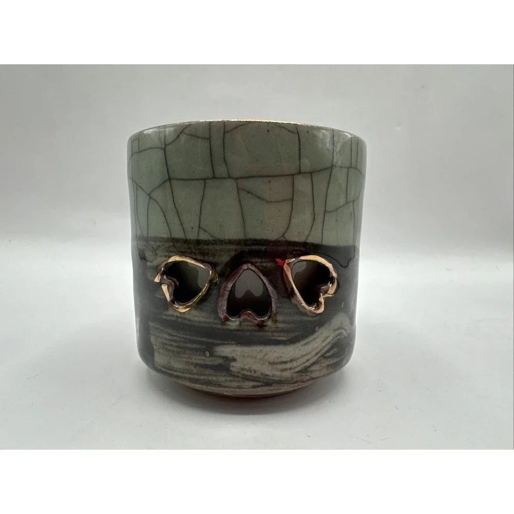 Vintage Soma Ware Somayaki Double-Walled‎ Crackle Glaze 3 Cups Gold Horse